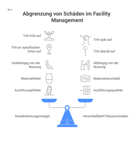 Infografik zur Abgrenzung von Gewährleistungsmangel und Verschleiß, mit den zentralen Prüfkriterien Zeitpunkt, Ort, Nutzung, Material und Ausführungsqualität. 
