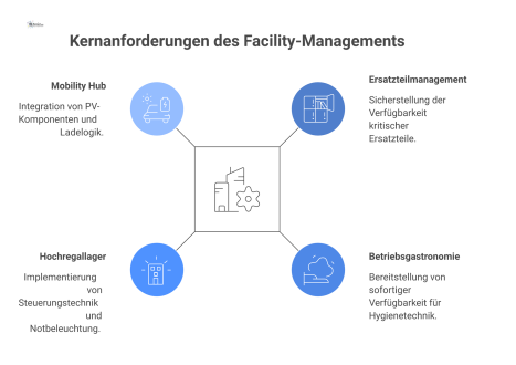 Mindmap der vier Hauptbereiche Ersatzteilmanagement, Betriebsgastronomie, Hochregallager und Mobility Hub mit ihren jeweiligen Kernanforderungen und zugehörigen Unterpunkten.