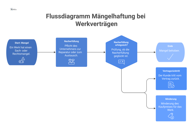 Flussdiagramm zur Mängelhaftung, das nach dem Startpunkt der Nacherfüllung zu den Rechten des Kunden auf Vertragsrücktritt oder Minderung verzweigt. 