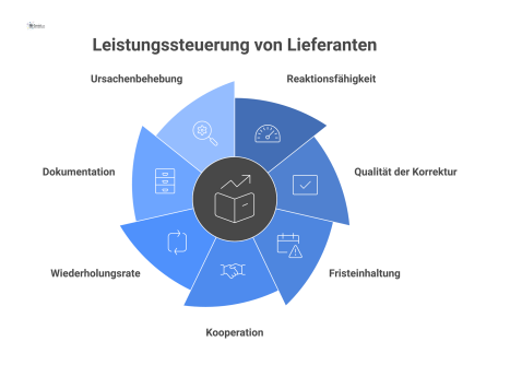  Infografik zur Lieferantenbewertung mit den kreisförmig angeordneten Leistungsdimensionen wie Reaktionsfähigkeit, Qualität und Fristeinhaltung zur datenbasierten Entscheidungsfindung.