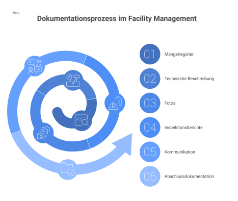  Infografik-Flussdiagramm, das den Dokumentationsprozess im Facility Management mit sechs Schritten von der Mängelerfassung bis zur Abschlussdokumentation mittels Icons darstellt.