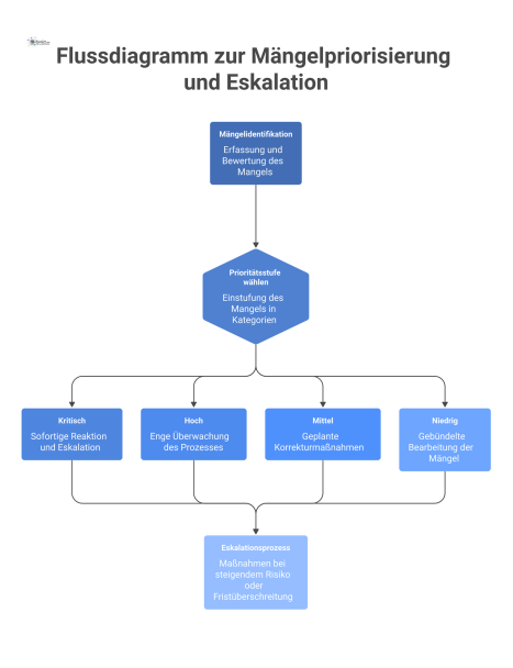 Flussdiagramm, das den Prozess der Mängelpriorisierung mit vier farbcodierten Pfaden für Prioritätsstufen und einem separaten Eskalationszweig darstellt. 