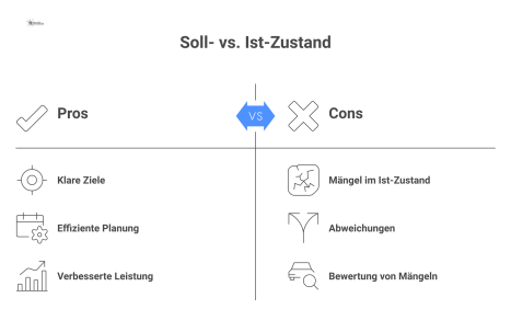 Infografik, die den geplanten Soll-Zustand dem realen Ist-Zustand mit Mängeln gegenüberstellt und die Abweichung als Pfeil visualisiert.