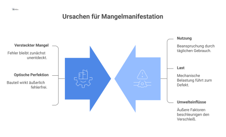 Gegenüberstellung eines Bauteils: Bei Übergabe mit unsichtbarem Mangel und im Betrieb mit sichtbarem Defekt durch Nutzung und Umwelteinflüsse.