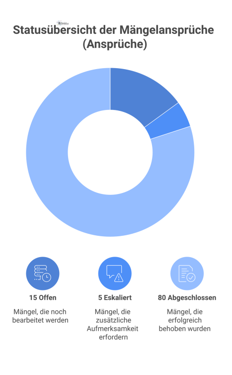 Dashboard zum Mängelanspruchsmanagement mit KPIs in Balken- und Tortendiagrammen, einer Statusübersicht und einer Ampel-Anzeige für Fristen. 