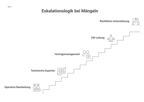 Flussdiagramm, das die Eskalationslogik für wiederkehrende Mängel darstellt, mit aufsteigenden Stufen von operativer Bearbeitung bis hin zu rechtlicher Unterstützung. 
