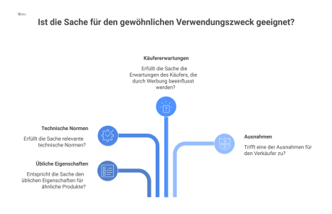 Diagramm zum gewöhnlichen Verwendungszweck nach § 434 BGB, das die Kriterien der Eignung, Käufererwartungen und die drei Ausnahmen visualisiert.