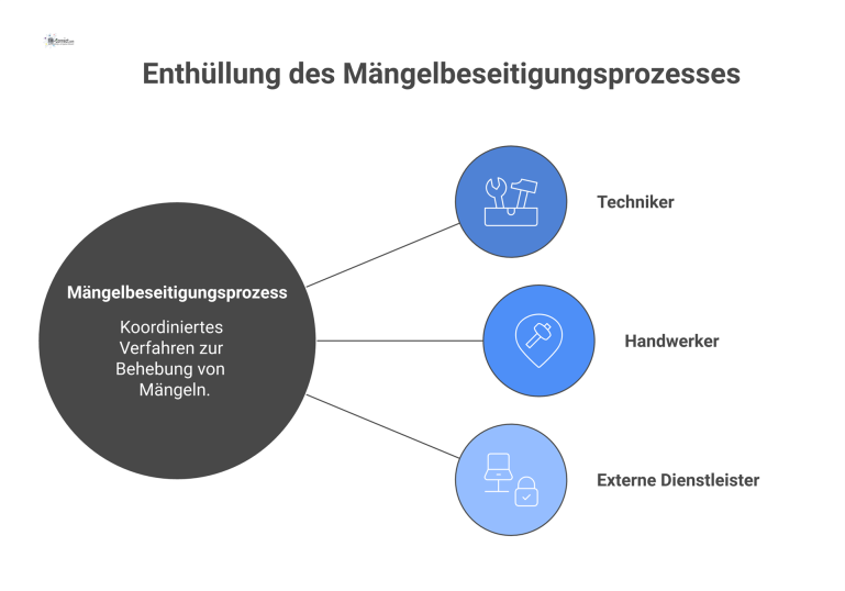 Flussdiagramm zur Mängelbeseitigung Flussdiagramm, das die Verteilung von Mängeln durch einen zentralen Service Desk an Techniker, Handwerker und externe Dienstleister darstellt.