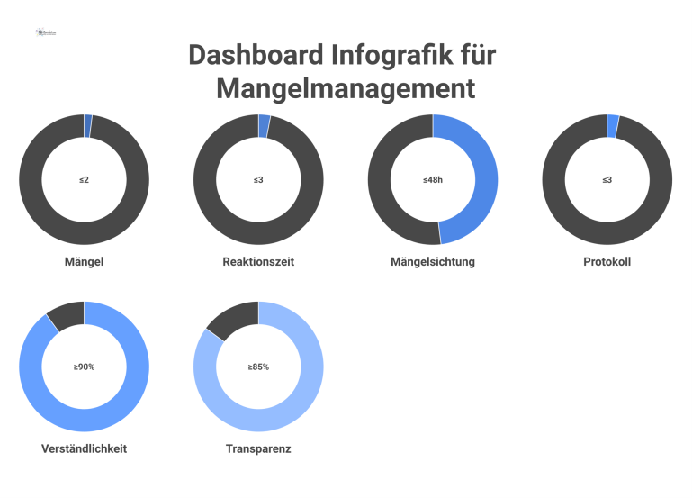 Infografik-Dashboard für Mangelmanagement, das Leistungs-, Prozess- und Nutzererfahrungsziele mit Icons und Messanzeigen darstellt.