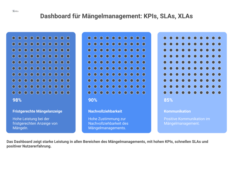 Infografik im Dashboard-Stil zum Mängelmanagement, die in drei Spalten die wichtigsten KPIs, SLAs und XLAs mit ihren Zielwerten darstellt. 