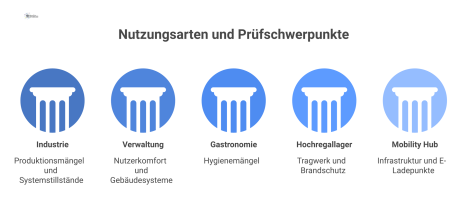 Infografik, die fünf Nutzungsarten und deren spezifische Prüfschwerpunkte mit Icons und Stichpunkten visuell verknüpft und darstellt.