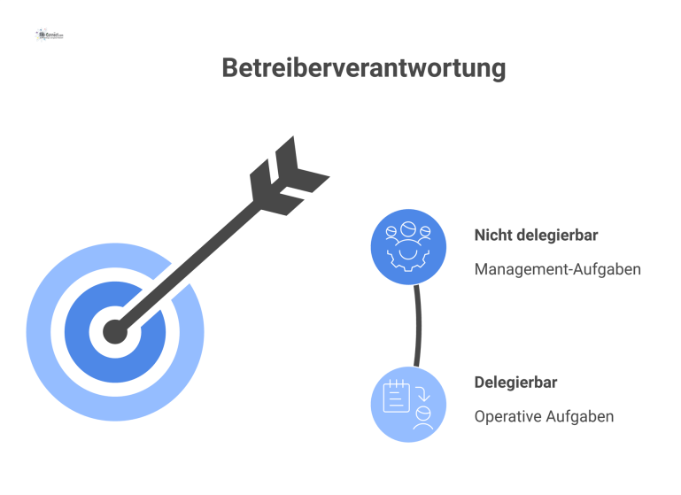Infografik zeigt die zwei Ebenen der Betreiberverantwortung: oben die strategische, nicht delegierbare Ebene und unten die delegierbare operative Ebene. 