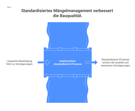 Ein Flussdiagramm zum Best-Practice Mängelmanagement am Bau, das die Schritte von der Identifikation und Meldung bis zur Beseitigung zeigt.