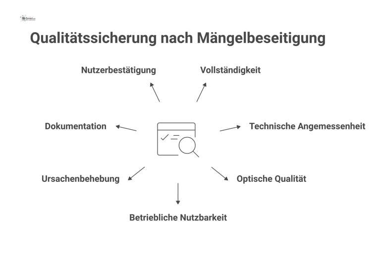 Qualitätssicherung nach Mängelbeseitigung Infografik zum Prozess der Qualitätssicherung, die den zentralen Knotenpunkt 'Verifizierung' und sieben davon ausgehende Prüfaspekte mit Icons darstellt.