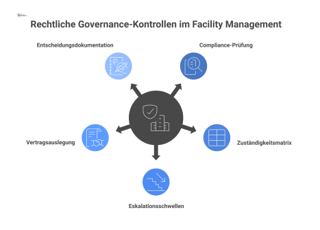 Ein Hub-and-Spoke-Diagramm zur rechtlichen Absicherung im Facility Management, das zentrale Kontrollen wie Compliance-Prüfung und Zuständigkeiten zur Risikovermeidung zeigt.