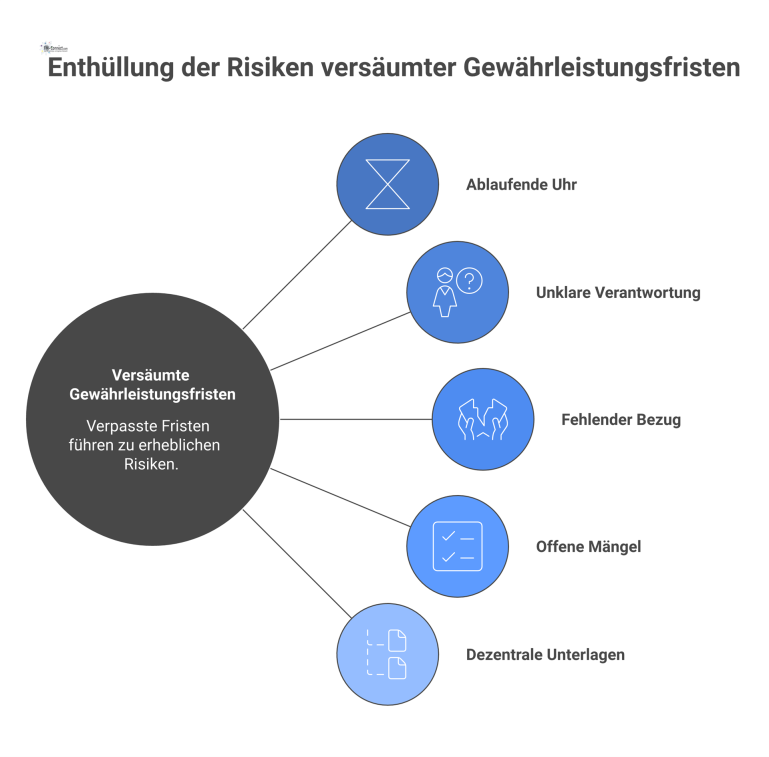Infografik zeigt Risiken bei Gewährleistungsfristen: Ein Warnsymbol im Zentrum, umgeben von Icons für kurze Fristen, unklare Verantwortung und offene Mängel.