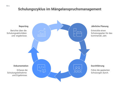 Prozessdiagramm des Schulungszyklus im Mängelanspruchsmanagement, das die Phasen Planung, Durchführung, Dokumentation und Reporting sowie die vier Schulungstypen visualisiert.