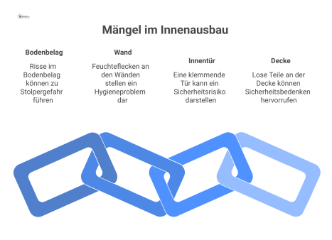 Infografik, die die Kette von Bauteil, typischem Mangel und betrieblicher Auswirkung bei Mängeln im Innenausbau mit Beispielen darstellt. 
