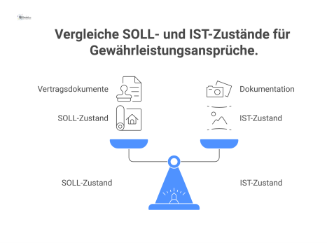 Flussdiagramm vergleicht den SOLL-Zustand aus Verträgen mit dem IST-Zustand aus Fotos und Protokollen, was zu einem Gewährleistungsanspruch führt. 