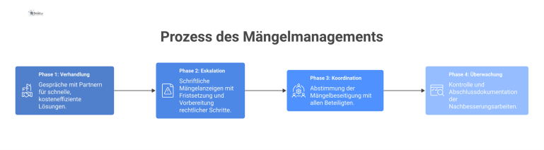 Flussdiagramm, das den Prozess des Mängelmanagements in vier Phasen darstellt: Verhandlung, Eskalation, Koordination und Überwachung. 
