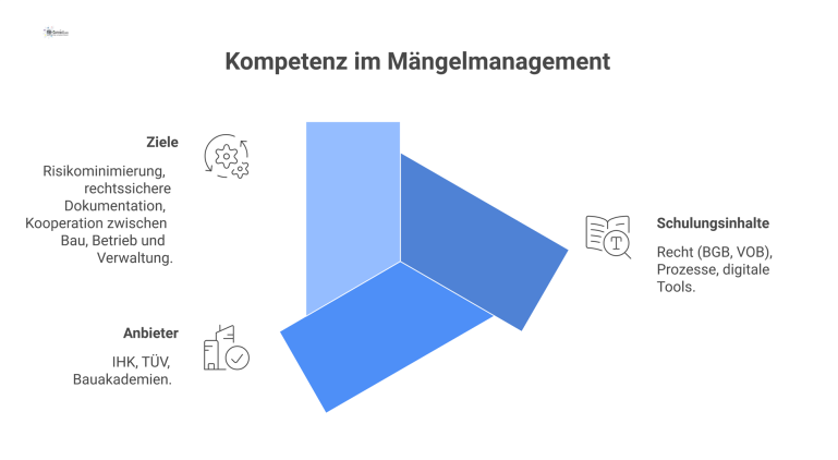 Infografik zur Kompetenz im Mängelmanagement, die Schulungsinhalte, Anbieter und Ziele wie Risikominimierung und rechtssichere Dokumentation zusammenfasst. 
